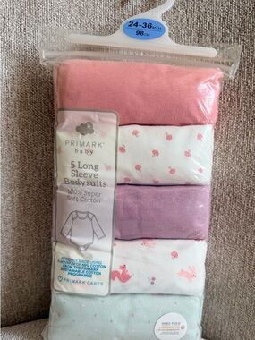 New Primark Baby 5 Long Sleeve Bodysuits - Pink & Pastel Mix